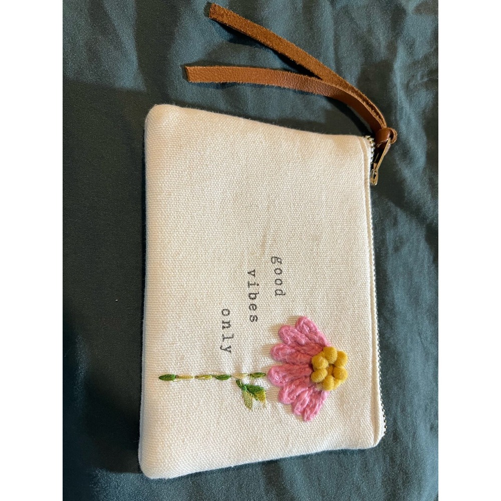 Good Vibes Only small embroidered canvas bag / pouch with zipper.